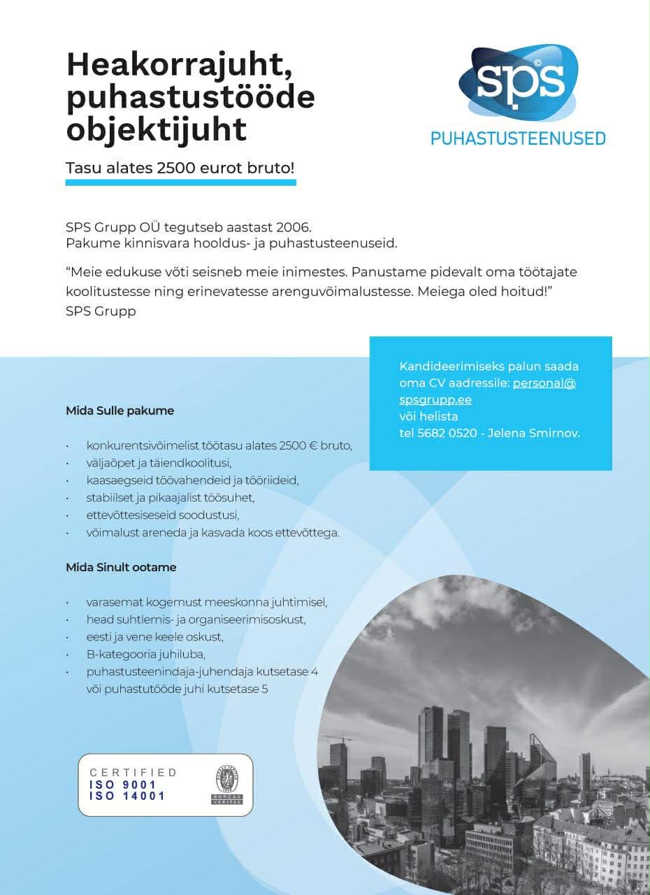 Otsime heakorrajuhi, puhastustööde objektijuhi